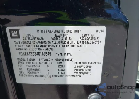 2004 GMC Envoy Xuv Slt from USA, damaged, VIN 1GKES12S346183549